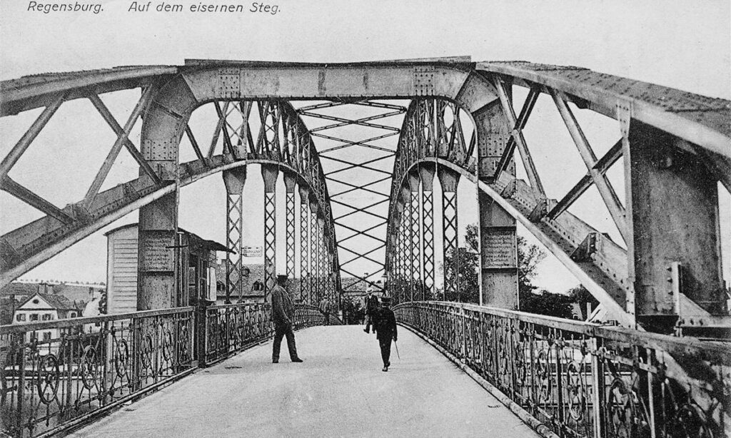 Eiserner Steg Regensburg, Postkarte aus dem Jahr 1909, Quelle: Wikimedia