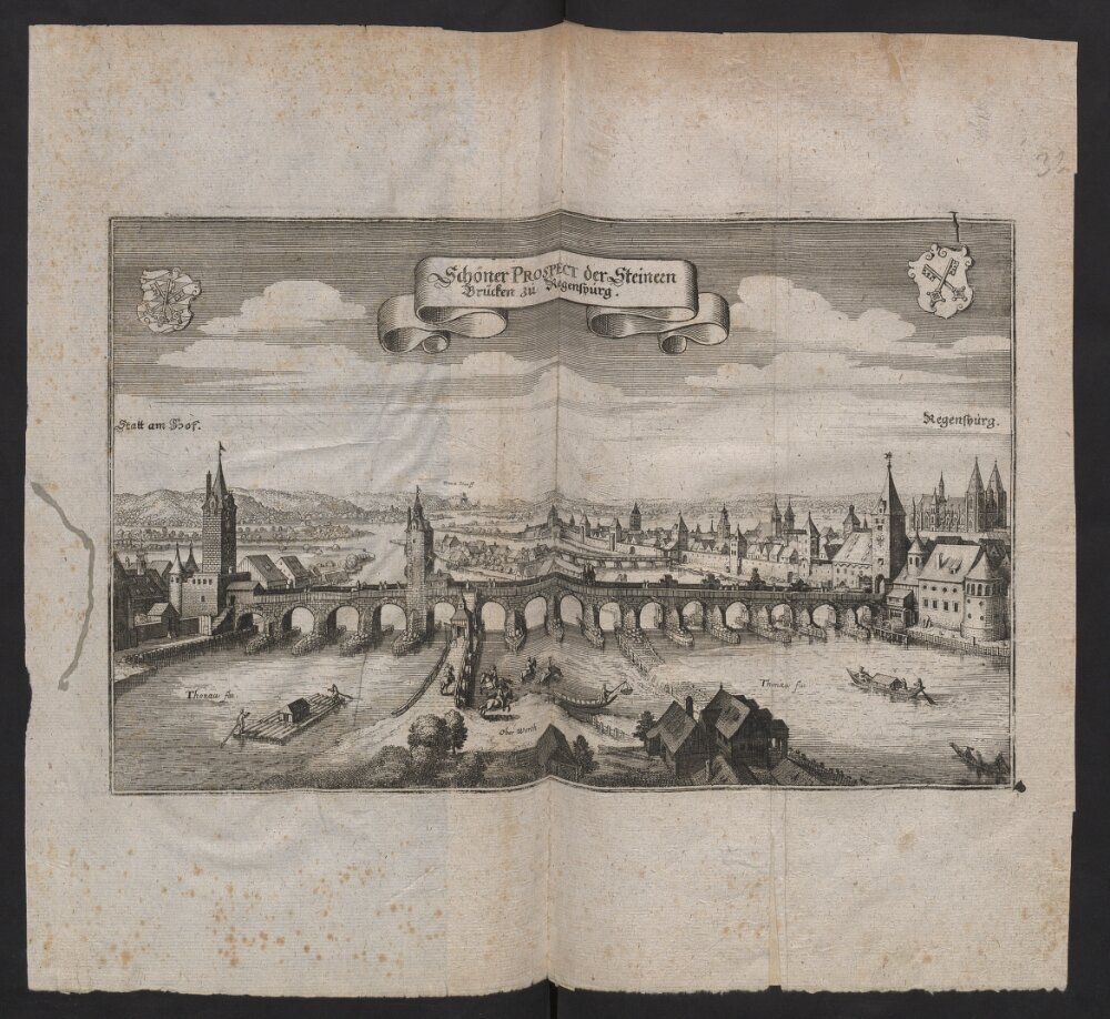 historische Abbildung der Steinernen Brücke um 1690, Quelle: Bayerische Staatsbibliothek
